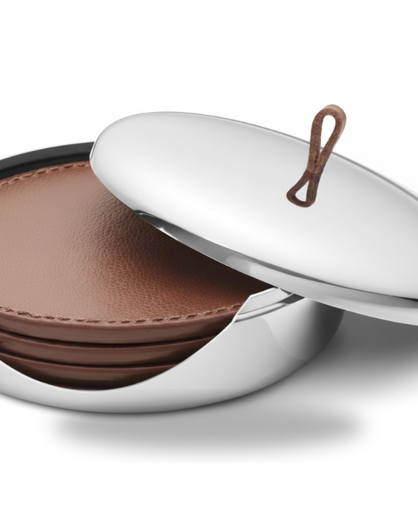 Untitled design (83) Georg Jensen Sky Drink Coaster Set in Leather - Mirror Polished Stainless Steel Case with Handle - Image 1